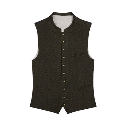 Dark patterned vest with button details on a white background