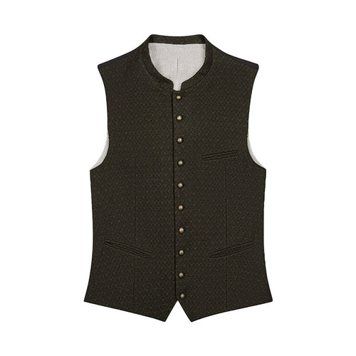Dark patterned vest with button details on a white background