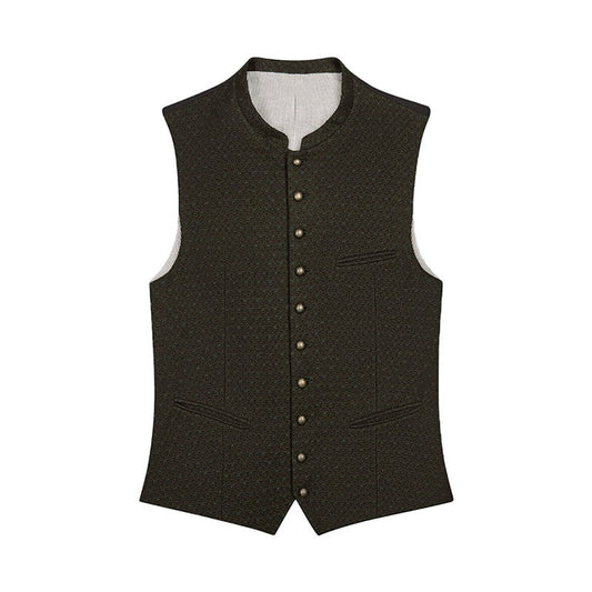 Dark patterned vest with button details on a white background