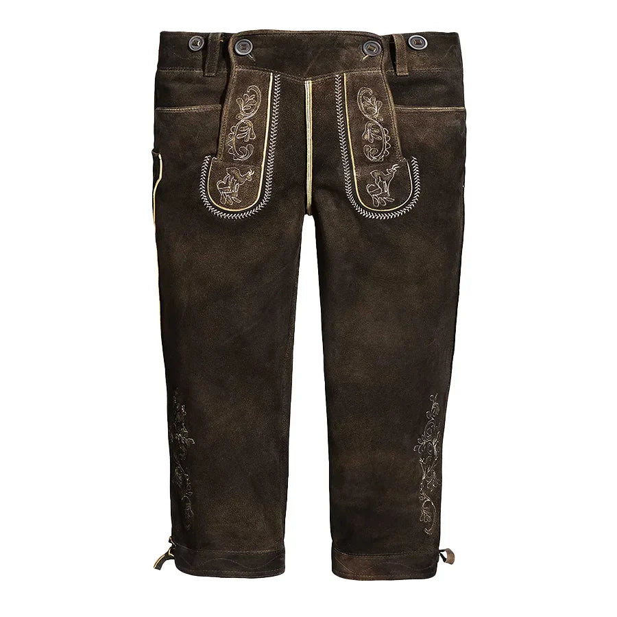 Brown leather pants with embroidered details on a white background