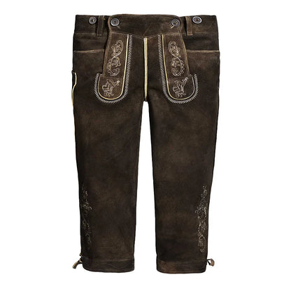 Brown leather pants with embroidered details on a white background
