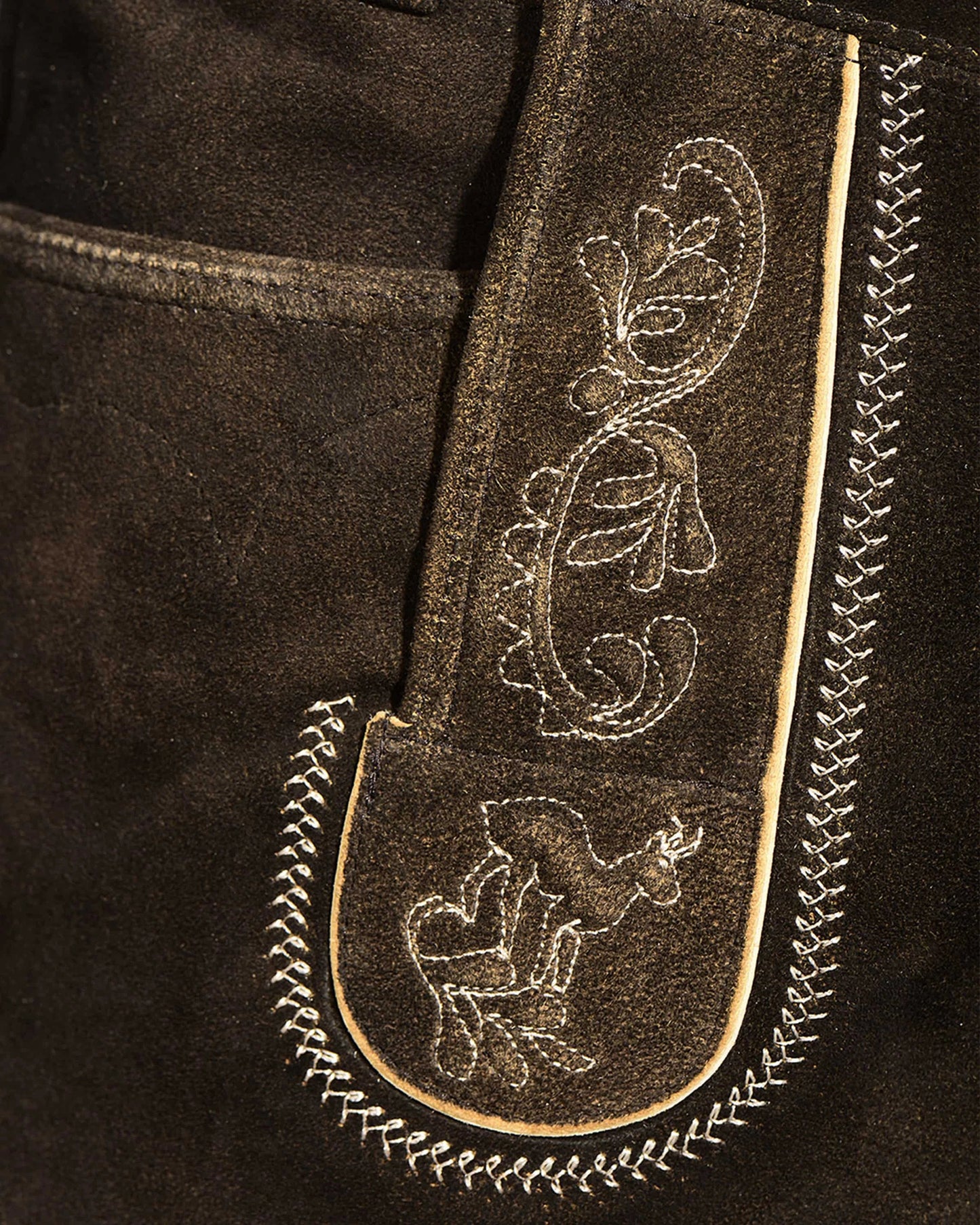 Close-up of a black leather jacket with intricate white embroidery on a dark background