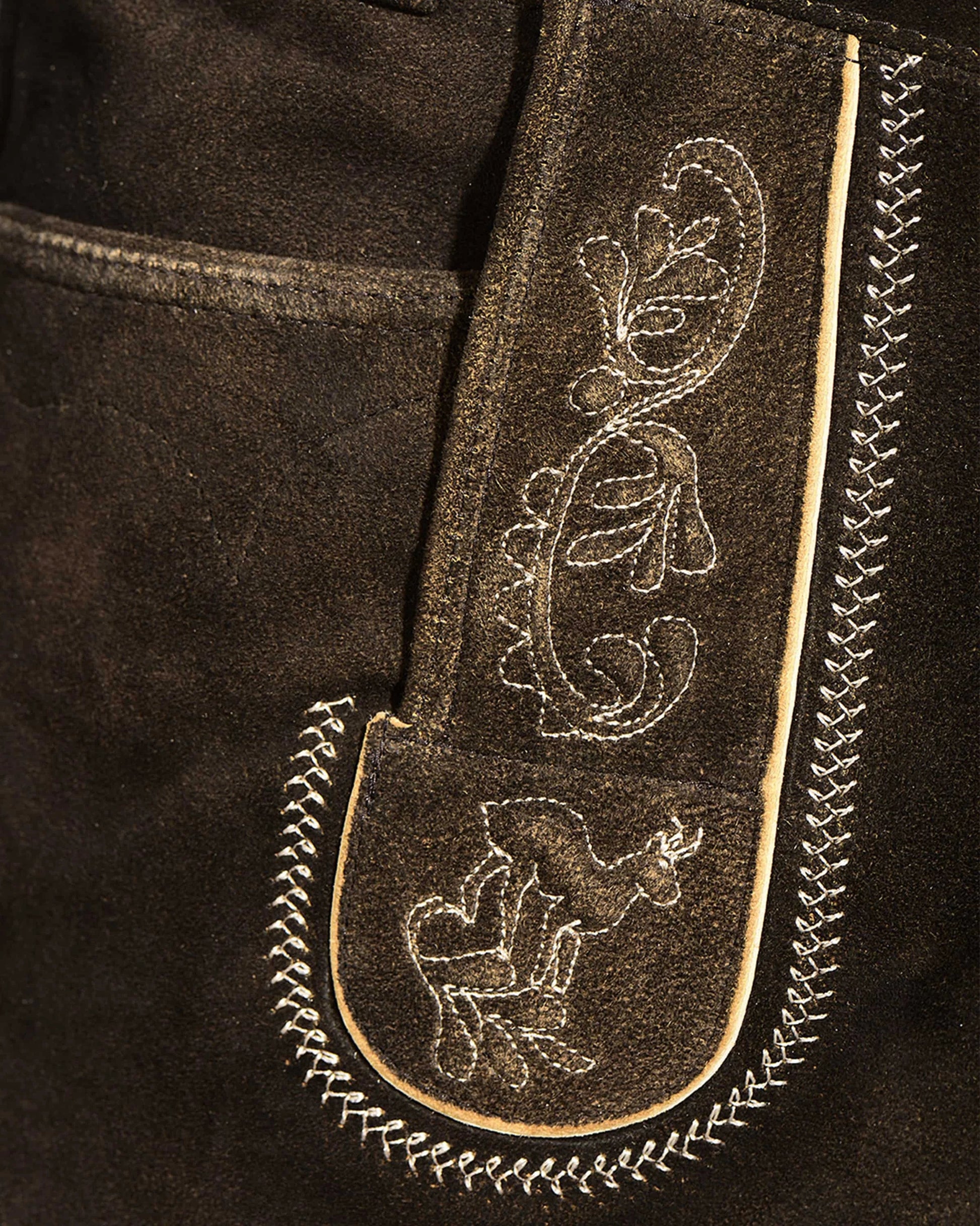 Close-up of a black leather jacket with intricate white embroidery on a dark background