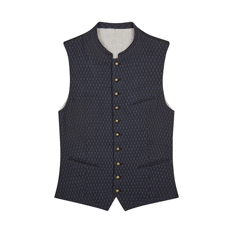 Dark patterned vest with button details on a white background