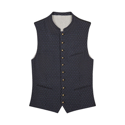 Dark patterned vest with button details on a white background