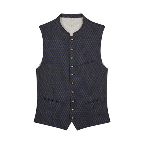 Dark patterned vest with button details on a white background