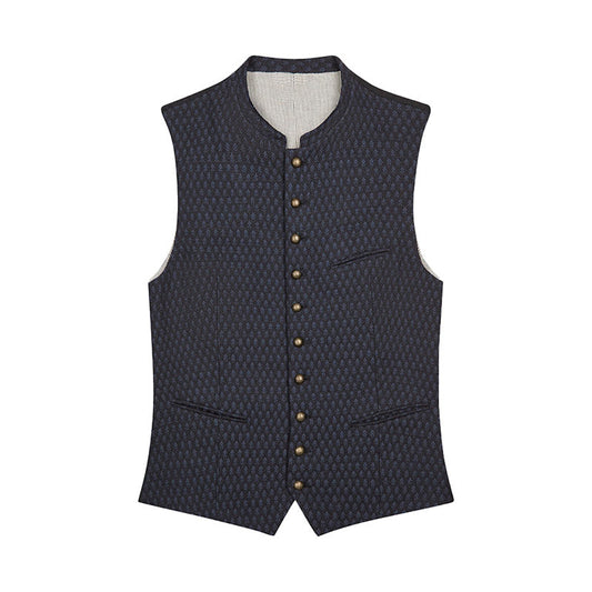 Dark patterned vest with button details on a white background