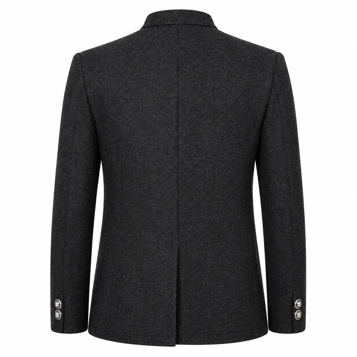 A dark charcoal gray wool-blend blazer shown from the back, featuring a structured collar, a central seam, and button details on the cuffs, set against a plain white background.