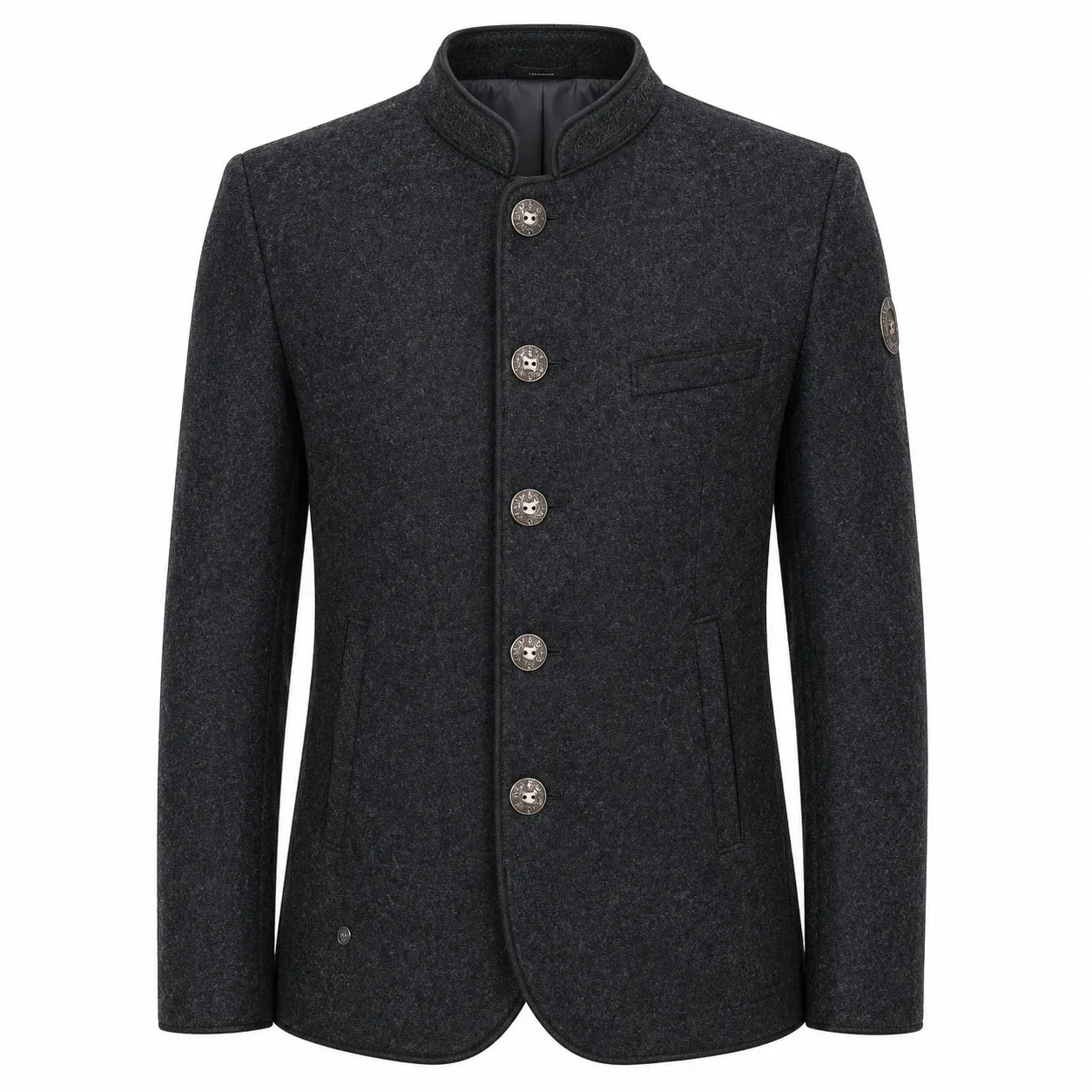 A dark charcoal gray wool-blend jacket with a mandarin collar, five decorative buttons, and a single chest pocket, shown on a plain white background.