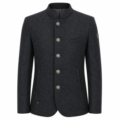 A dark charcoal gray wool-blend jacket with a mandarin collar, five decorative buttons, and a single chest pocket, shown on a plain white background.