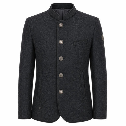 A dark charcoal gray wool-blend jacket with a mandarin collar, five decorative buttons, and a single chest pocket, shown on a plain white background.