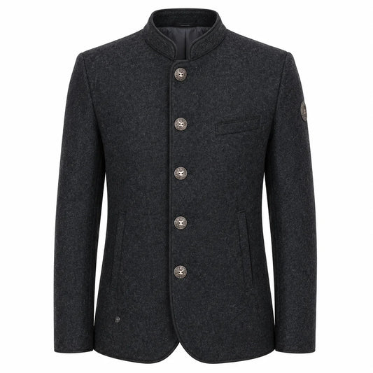 A dark charcoal gray wool-blend jacket with a mandarin collar, five decorative buttons, and a single chest pocket, shown on a plain white background.