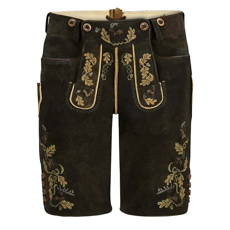 Traditional black lederhosen with gold embroidery on a white background