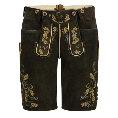 Traditional black lederhosen with gold embroidery on a white background