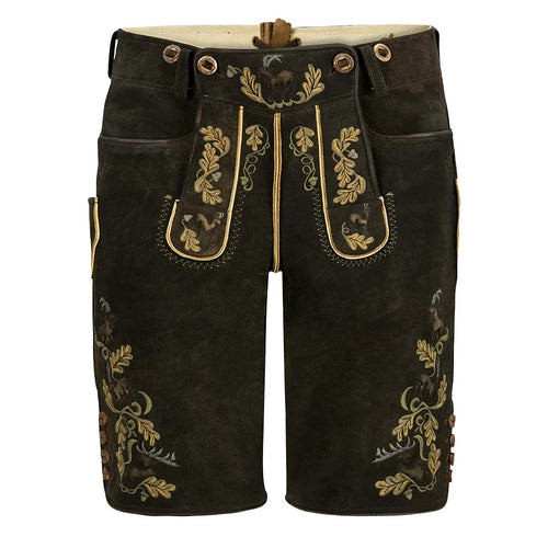 Traditional black lederhosen with gold embroidery on a white background