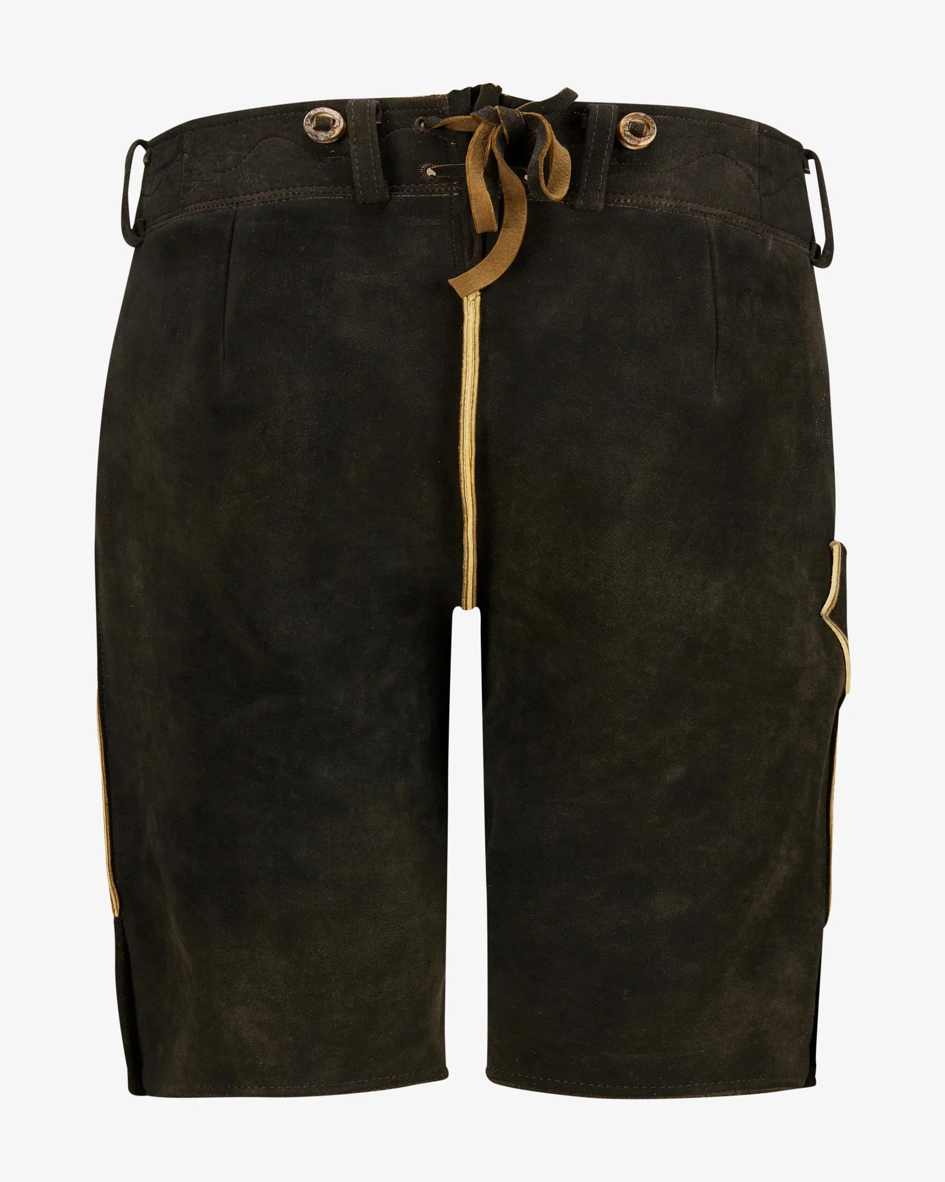 Dark brown leather shorts with a drawstring on a white background