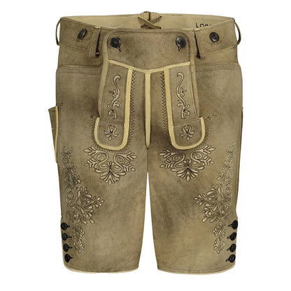Brown leather shorts with decorative patterns on a white background