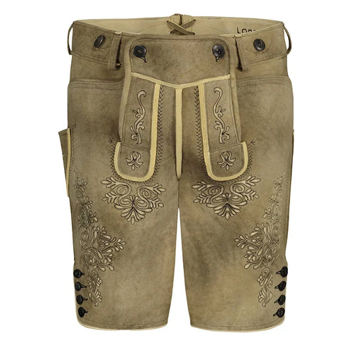 Brown leather shorts with decorative patterns on a white background