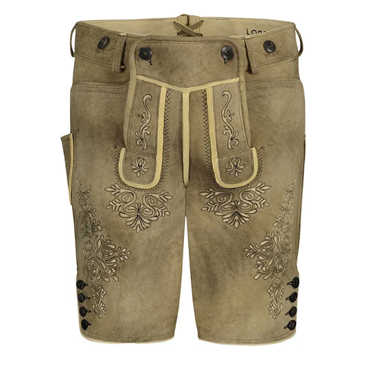 Brown leather shorts with decorative patterns on a white background