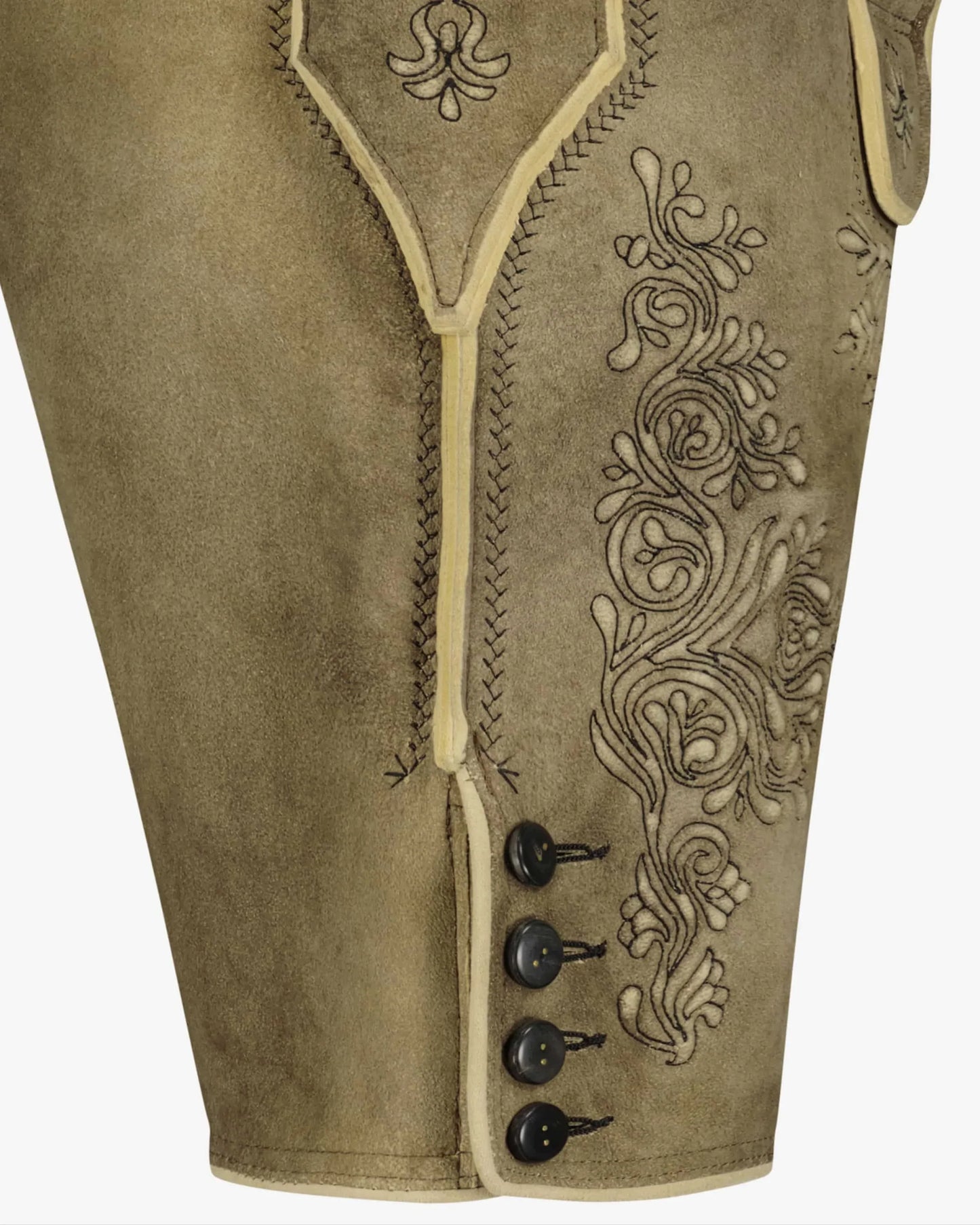 Brown leather vest with intricate embroidery and black buttons on a white background