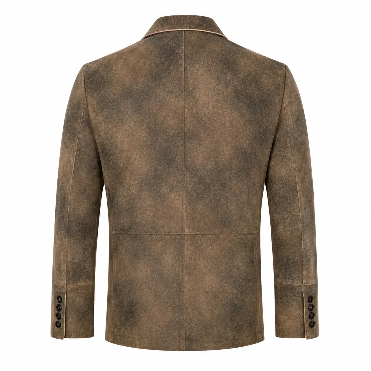 A men's brown jacket with a distressed, textured finish, shown from the back on a plain white background.