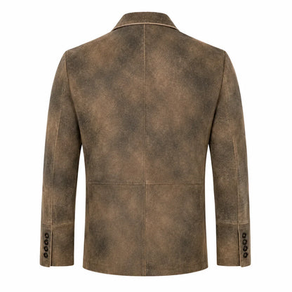 A men's brown jacket with a distressed, textured finish, shown from the back on a plain white background.