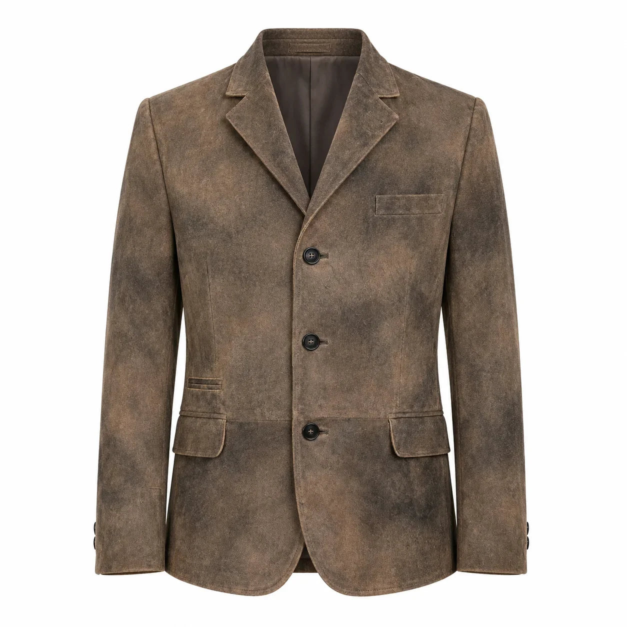 A men's brown textured blazer jacket with a distressed, suede-like finish, featuring notch lapels, three front buttons, and flap pockets, shown against a plain white background.