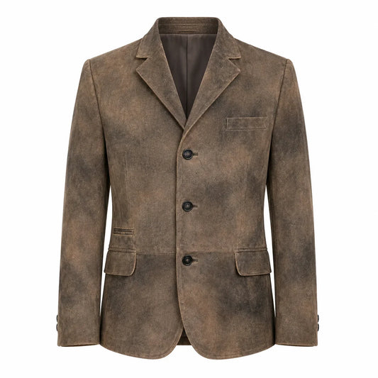 A men's brown textured blazer jacket with a distressed, suede-like finish, featuring notch lapels, three front buttons, and flap pockets, shown against a plain white background.