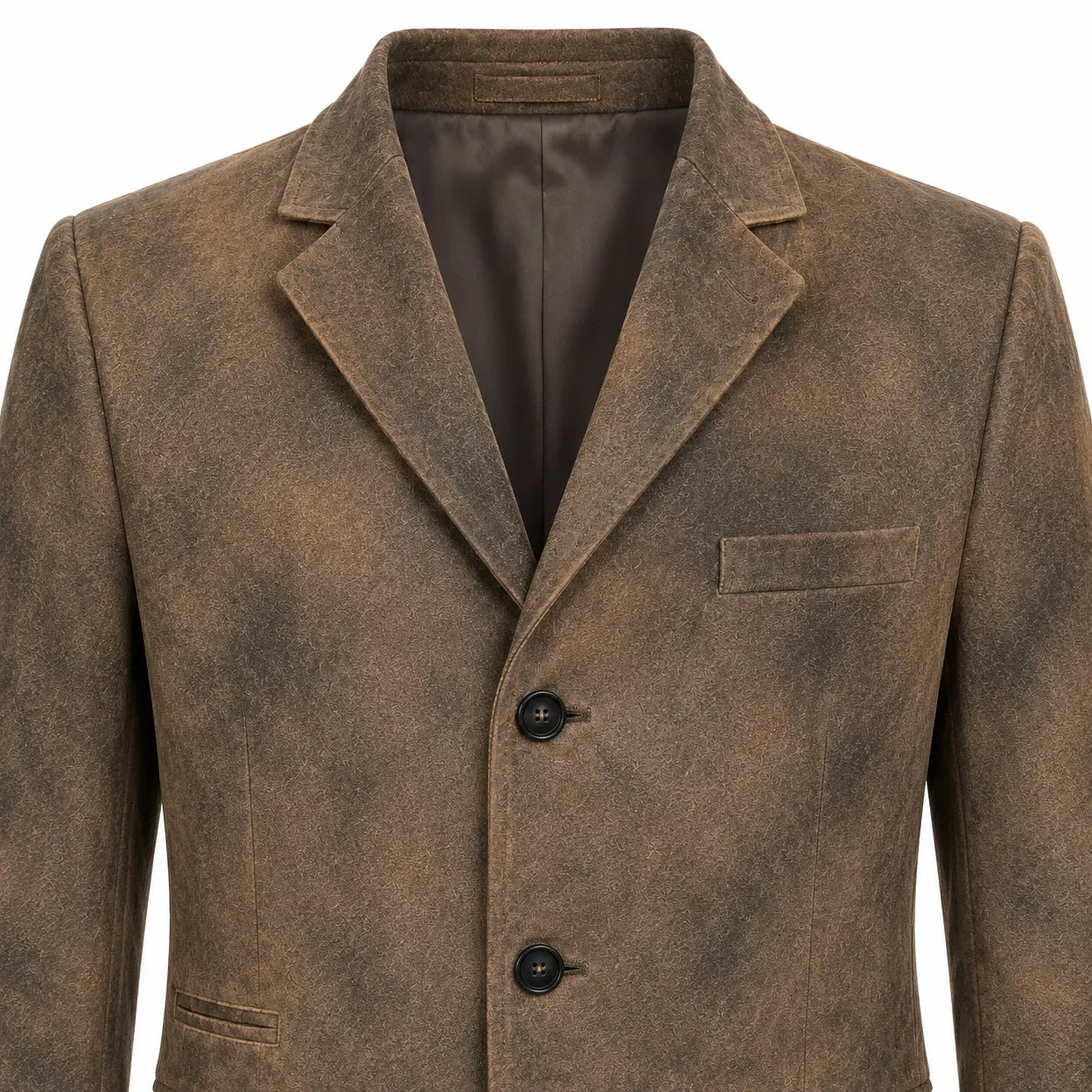 A close-up of a brown textured blazer jacket with notch lapels, two dark buttons, and a chest pocket, shown on a white background.