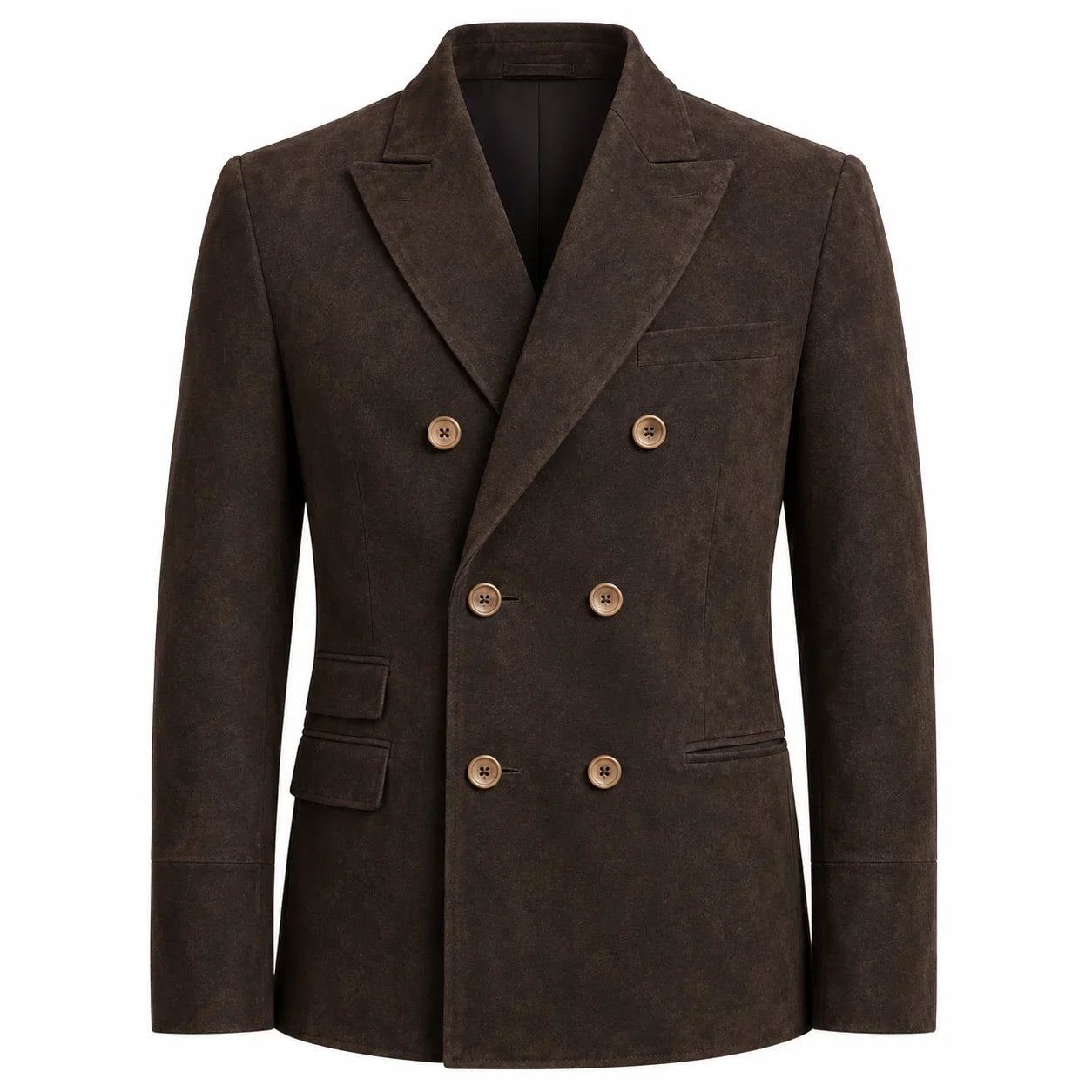 A dark brown double-breasted blazer with a textured, suede-like finish and contrasting light brown buttons, shown on a plain white background.