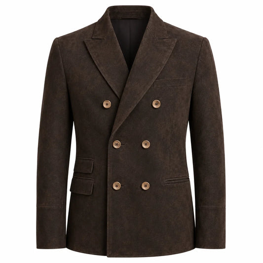 A dark brown double-breasted blazer with a textured, suede-like finish and contrasting light brown buttons, shown on a plain white background.