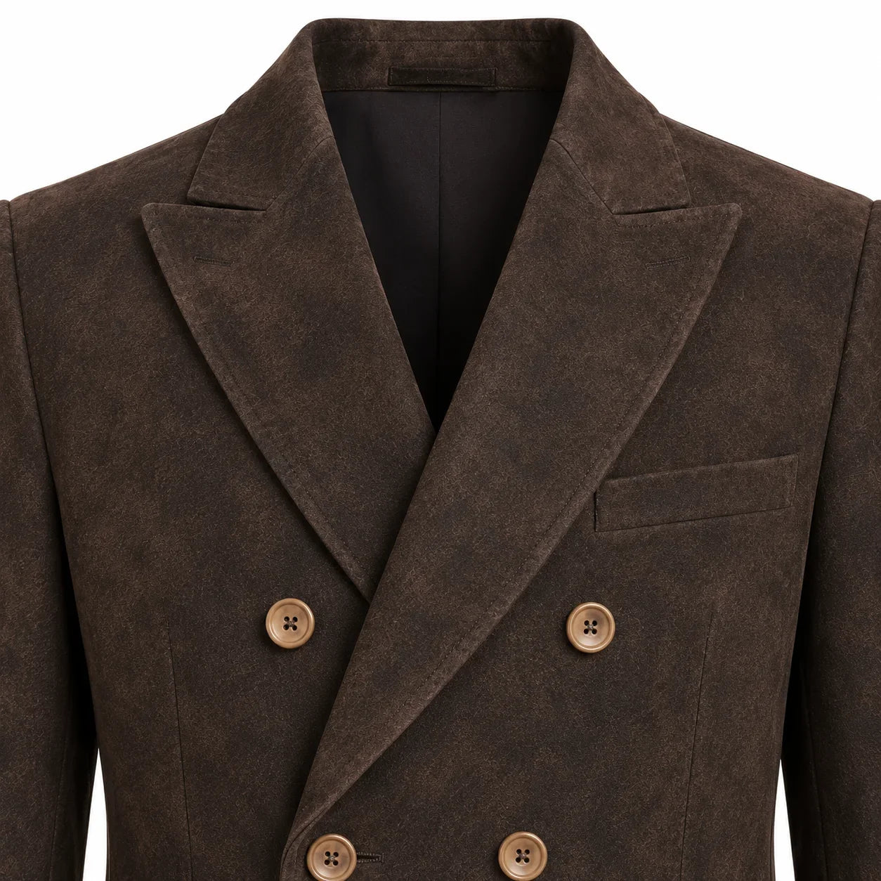 Close-up of a dark brown suede or micro-suede double-breasted blazer with notched lapels and brown buttons, shown on a white background.