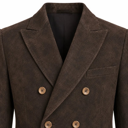 Close-up of a dark brown suede or micro-suede double-breasted blazer with notched lapels and brown buttons, shown on a white background.