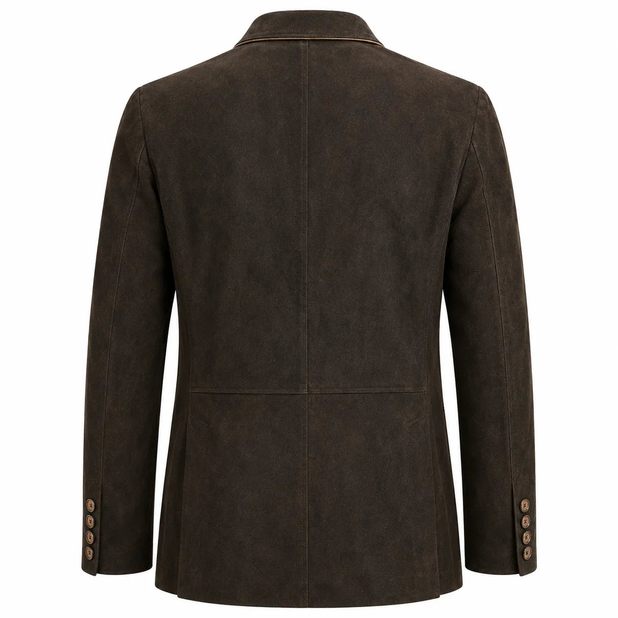 A dark brown textured blazer shown from the back, featuring a collar, long sleeves with button cuffs, and a central seam down the back, set against a plain white background.