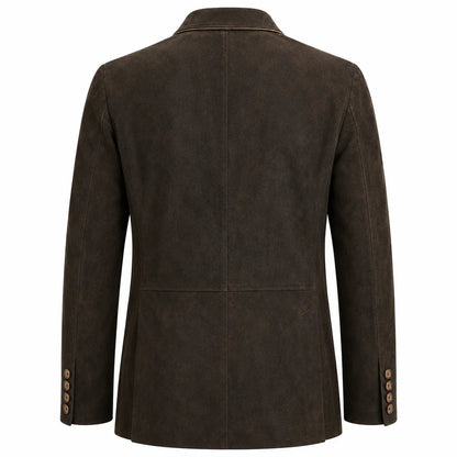 A dark brown textured blazer shown from the back, featuring a collar, long sleeves with button cuffs, and a central seam down the back, set against a plain white background.