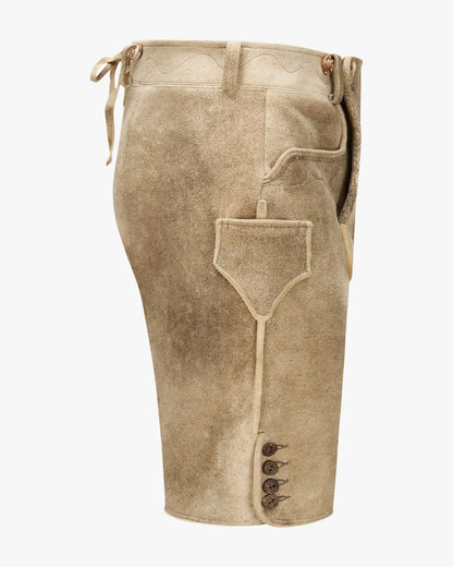 Beige traditional pants with drawstring and button details on a white background