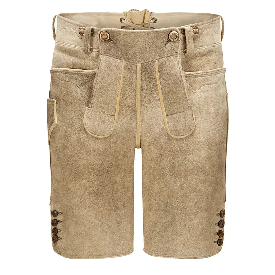 Beige traditional pants with button details on a white background