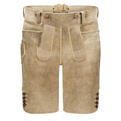 Beige traditional pants with button details on a white background
