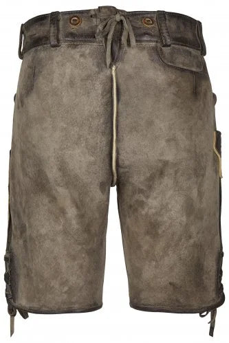Brown leather shorts with lace-up sides on a white background