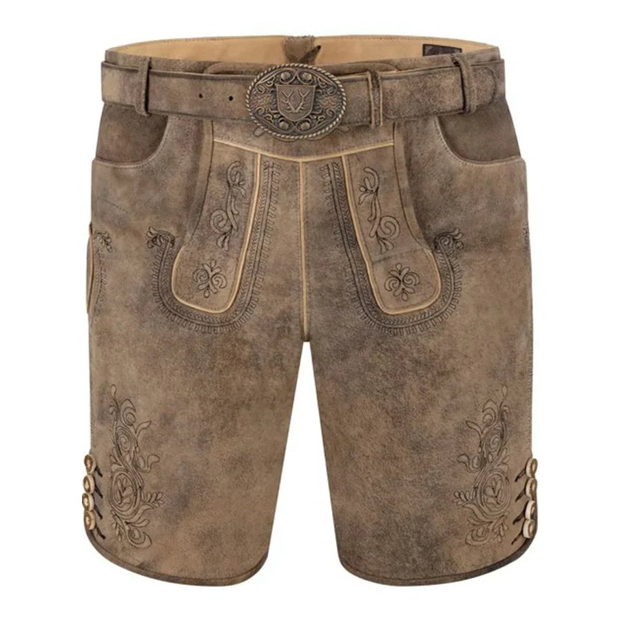 Brown leather shorts with decorative stitching and belt on a white background