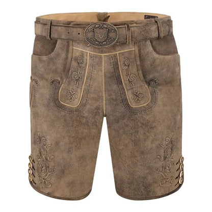 Brown leather shorts with decorative stitching and belt on a white background