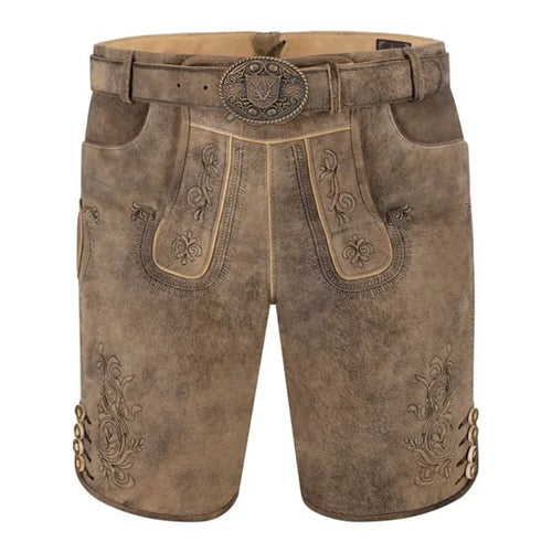 Brown leather shorts with decorative stitching and belt on a white background