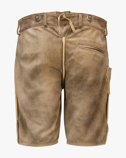 Brown leather shorts with a white background