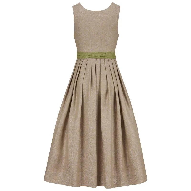 Beige dress with a green belt on a white background