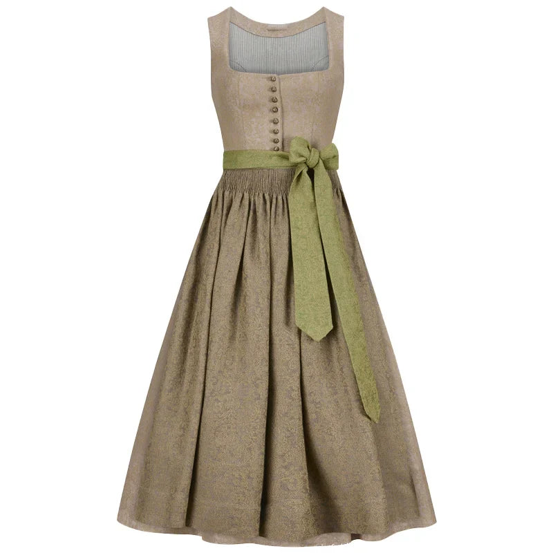 Brown dress with a green belt on a white background
