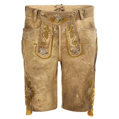 Brown leather shorts with gold embroidery on a white background