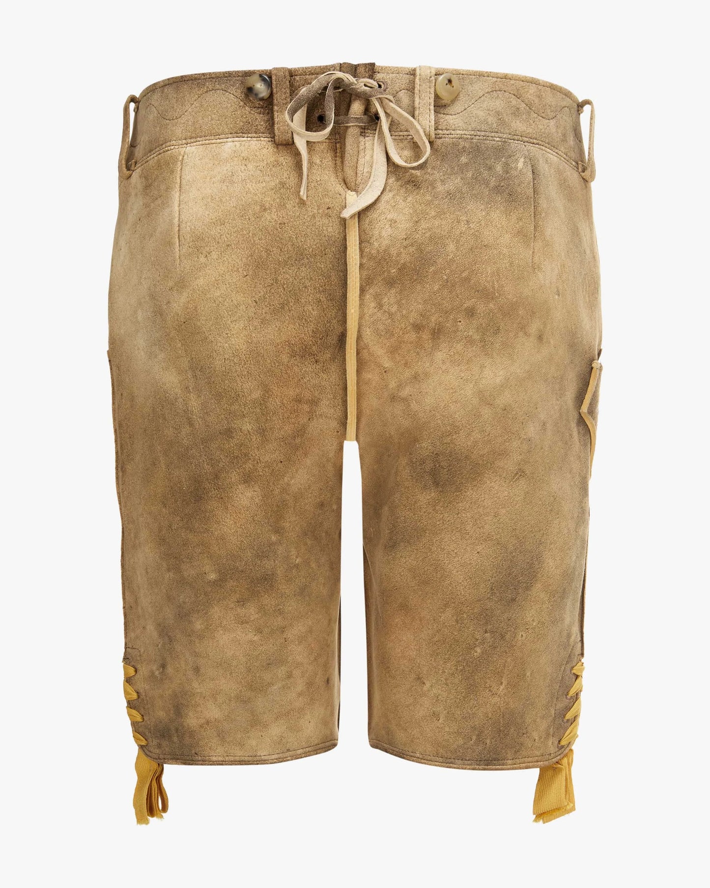 Brown leather shorts with drawstring on a white background