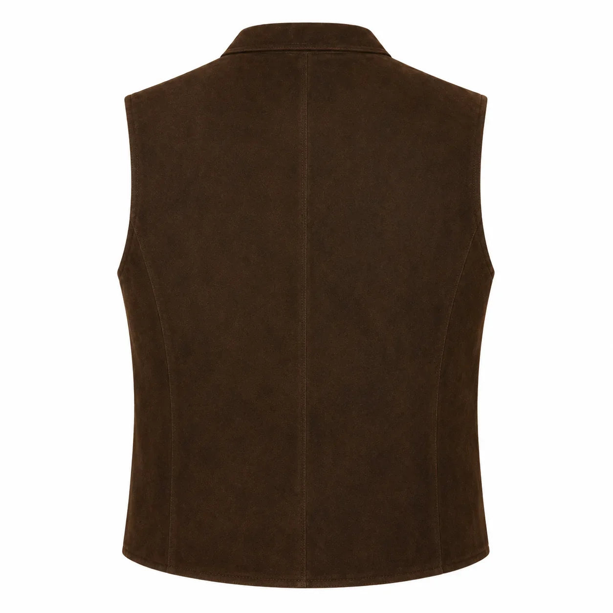A dark brown suede vest shown from the back, featuring a central seam and a collar, isolated on a white background.