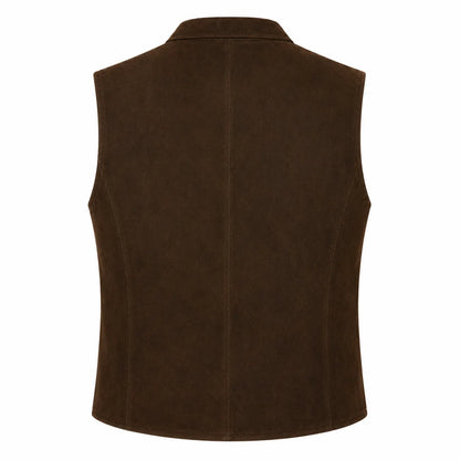 A dark brown suede vest shown from the back, featuring a central seam and a collar, isolated on a white background.