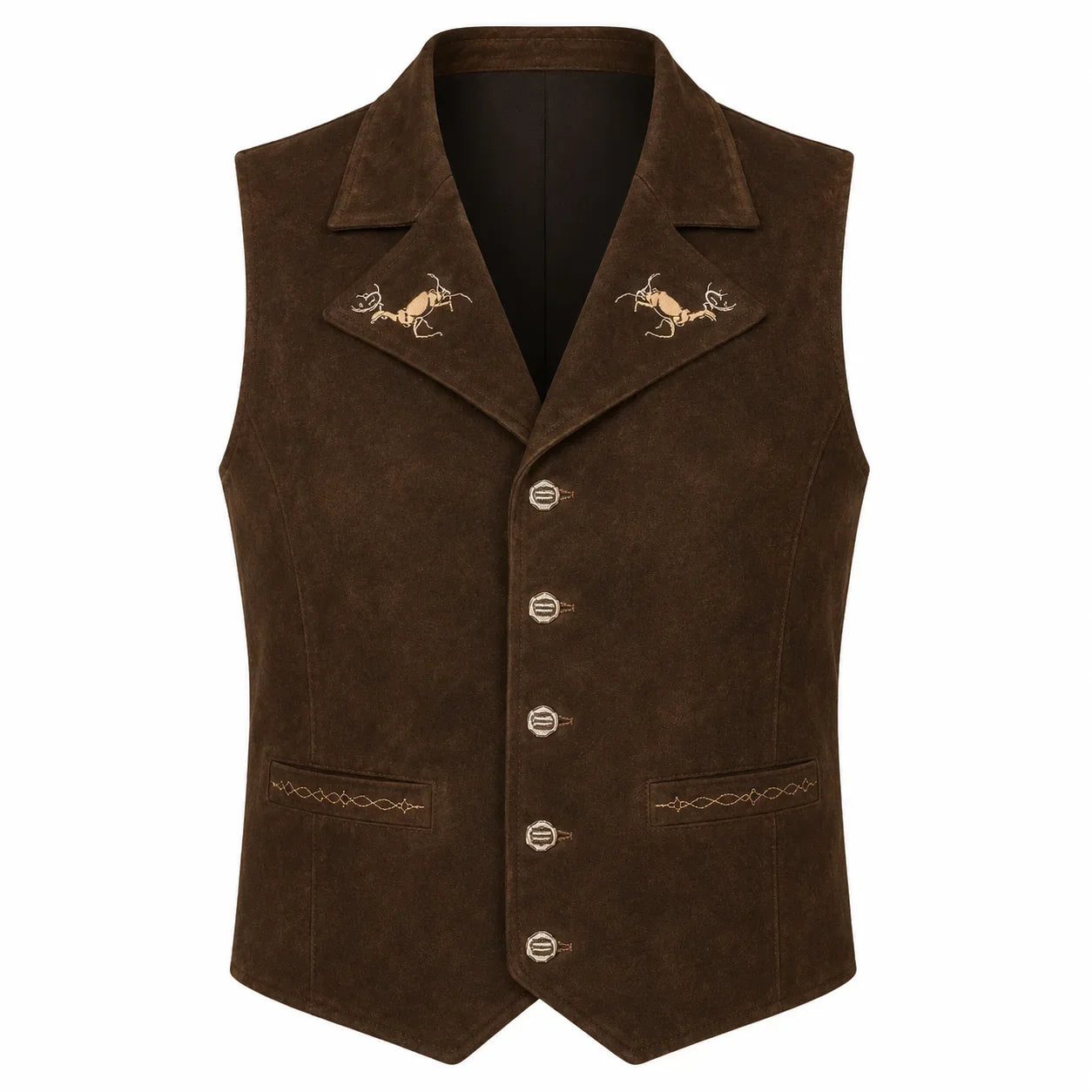 A dark brown suede vest with embroidered antelope designs on the lapels and decorative stitching on the front pockets, shown against a plain white background.